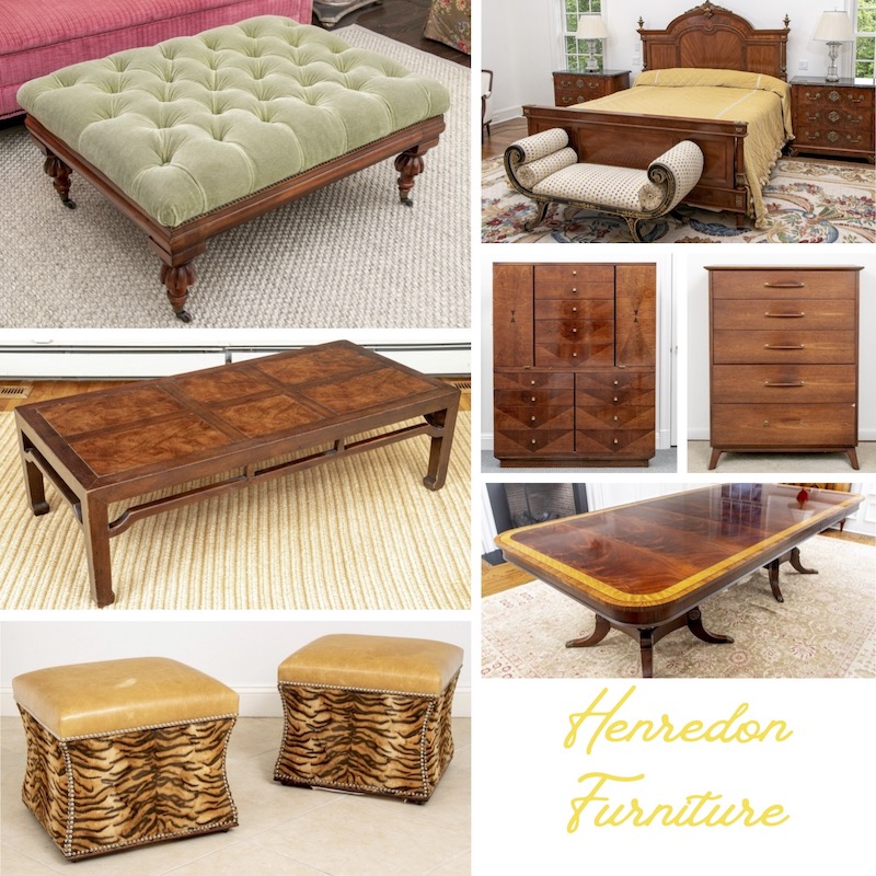 Examples of vintage Henredon furniture include a  William IV style ottoman in velvet, a carved king-sized bed, coffee table, high-boy dressers, a pair of animal-print storage stools and a large inlaid dining table.